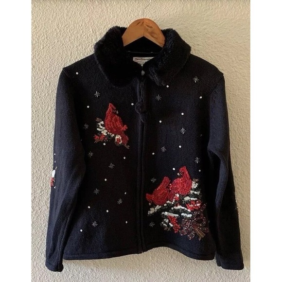 Tiara International Sz Medium Christmas Cardinal Sweater with Removable Collar - Picture 1 of 16